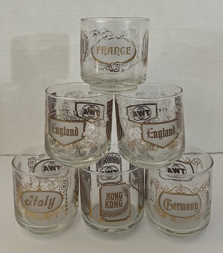 Set of 6 Vtg TWA Airlines World Destination Rocks Glasses Libbey Barware MCM