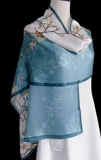 100% Silk mulberry Scarf Women neckerchief Shawl Wrap floral blue beige HD1-33