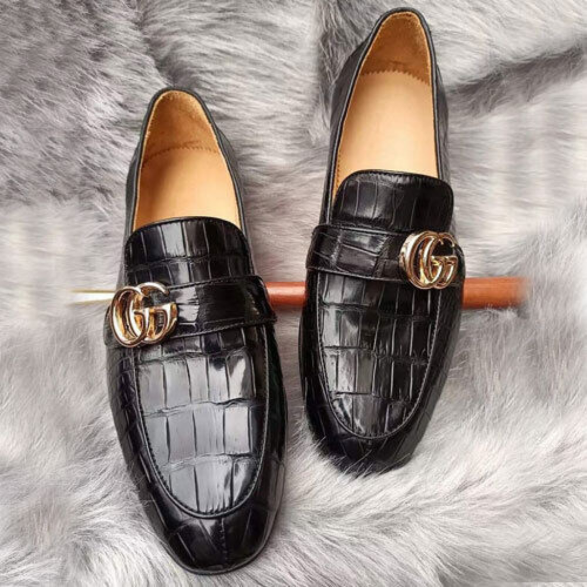 Black Crocodile Embossed Leather Loafers Mens Slip-On Dress 