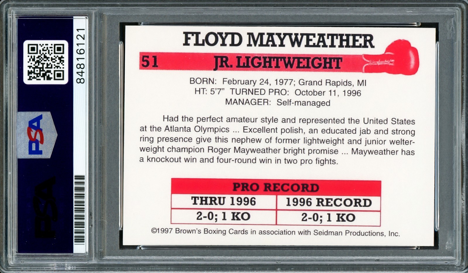 Floyd Mayweather Jr Signed 1997 Brown's Boxing RP RC #51 Auto 10 TBE PSA/DNA view 2