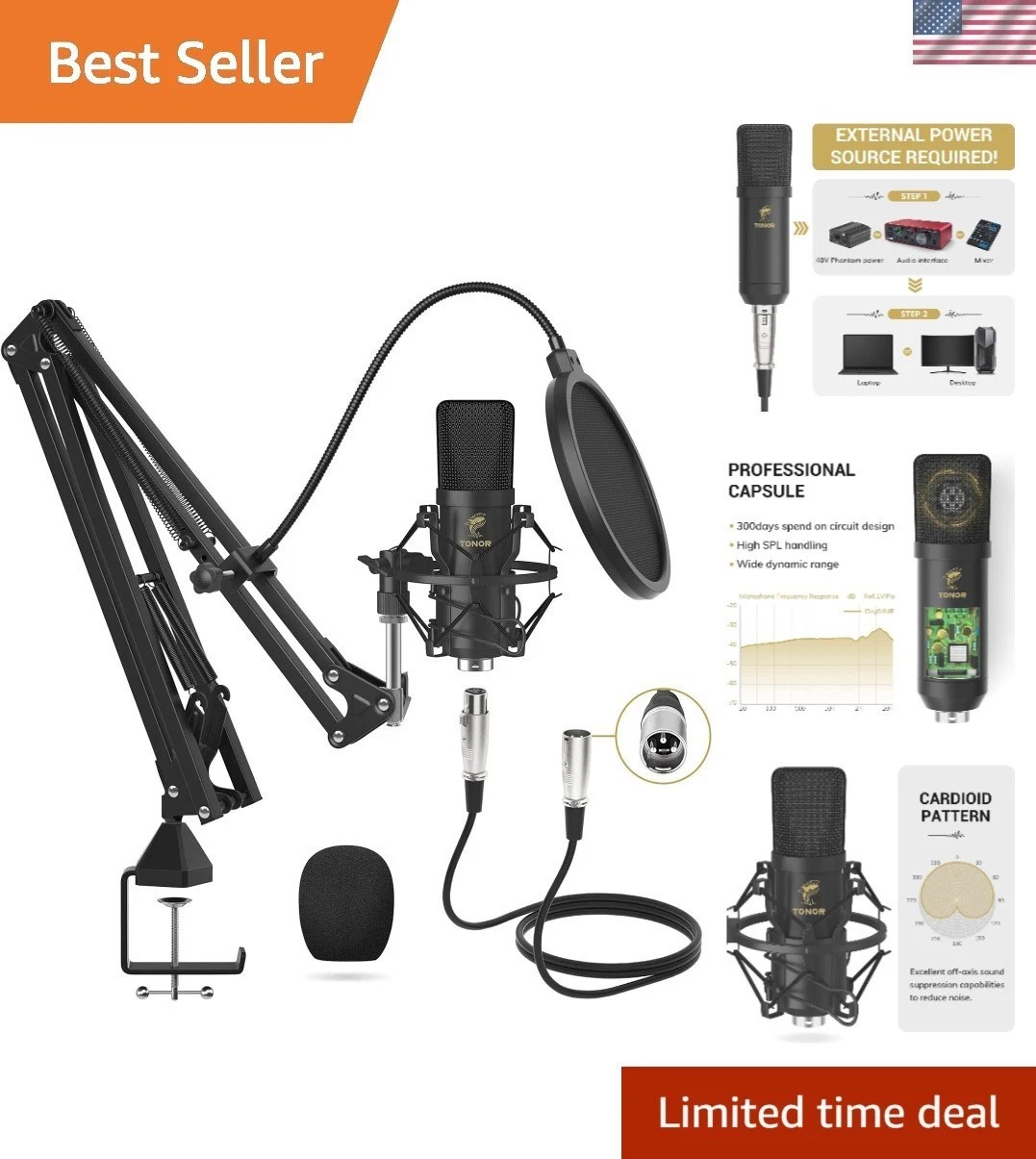 Studio-Quality Cardioid Microphone with Boom Arm & Pop Filte