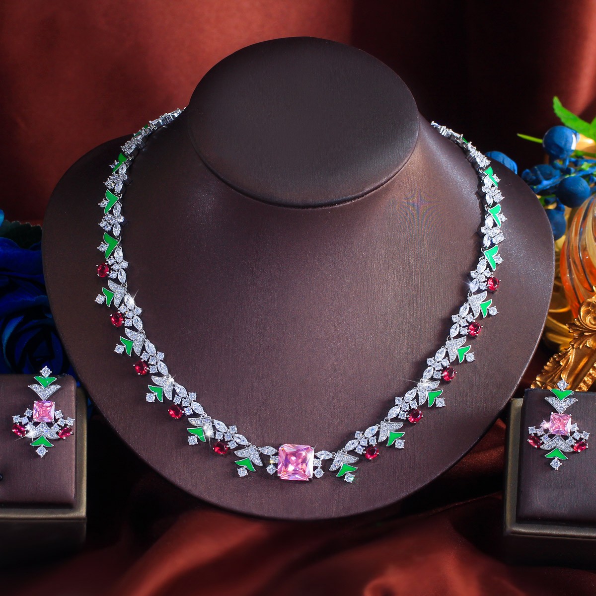 Conjunto de joyas de Navidad para mujer enchapado en plata colorido circón pendientes colgantes collar