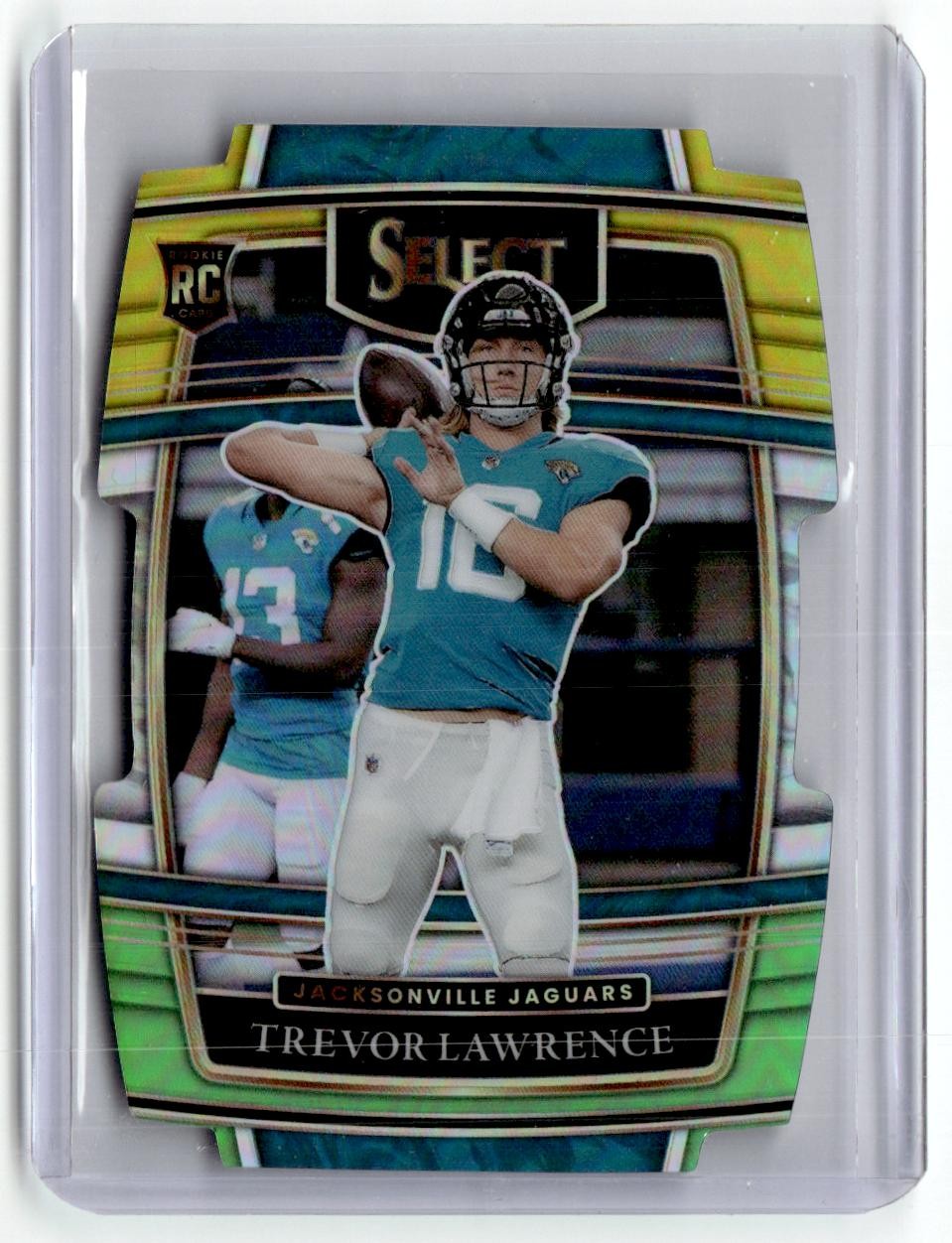 2021 Panini Select #43 Trevor Lawrence Green and Yellow Prizm Die Cut
