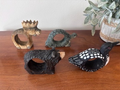 Set Of 4 Hand Carved Wooden Napkin Rings Moose Turtle Bear Bird