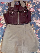 VTG Skirt Vest Set Paris Blues Brown Denim Houndstooth Skort Sz 11 Made in USA
