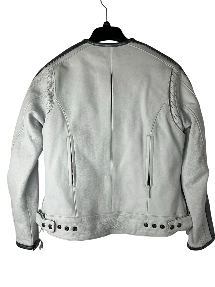 Power Trip Women's Leather Zip Up Motorcycle Jacket Large Cream/Silver Grey - Image 4 of 4
