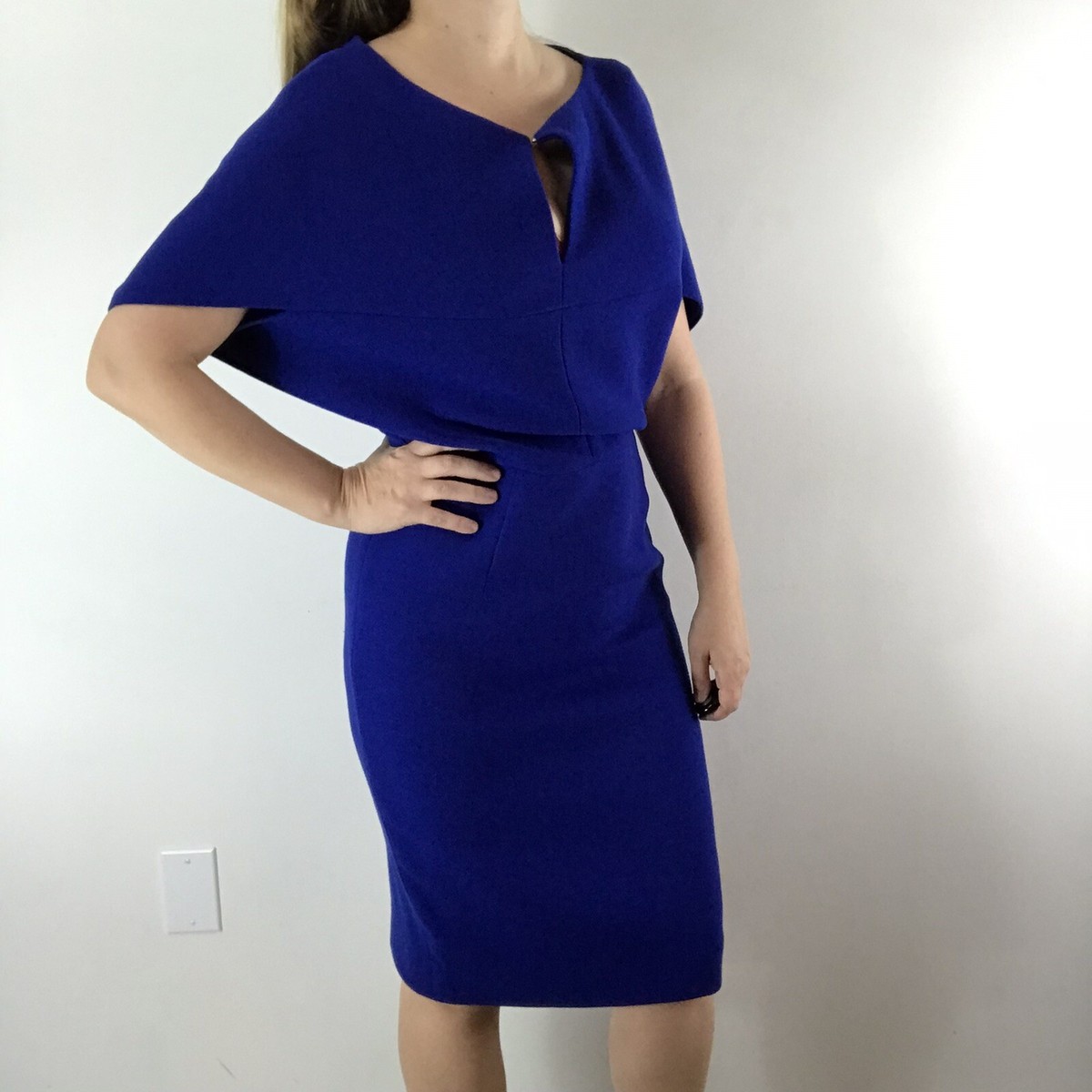 LELA ROSE Blue Wool Blend Keyhole Front Dolman Batwing Sleeve