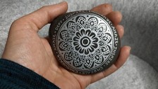 Hand Painted Rock / Stone - Mandala defy inspire encourage silver black gray
