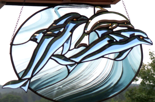 Bleiverglasung Fensterbild  Facetten- Delphin- Familie im Oval in Tiffany - Bild 10 von 15