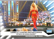 2021 Topps WWE Women's Division #95 Carmella Launches Attack on Sasha Banks