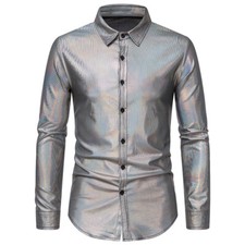 Uomo Lucido Camicia Manica Lunga Festa Club con Bottoni Disco Oro 70s Costume