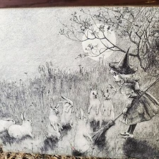 ADORABLE HALLOWEEN WITCH GIRL AND RABBITS PRIMITIVE VINTAGE VICTORIAN STYLE SIGN