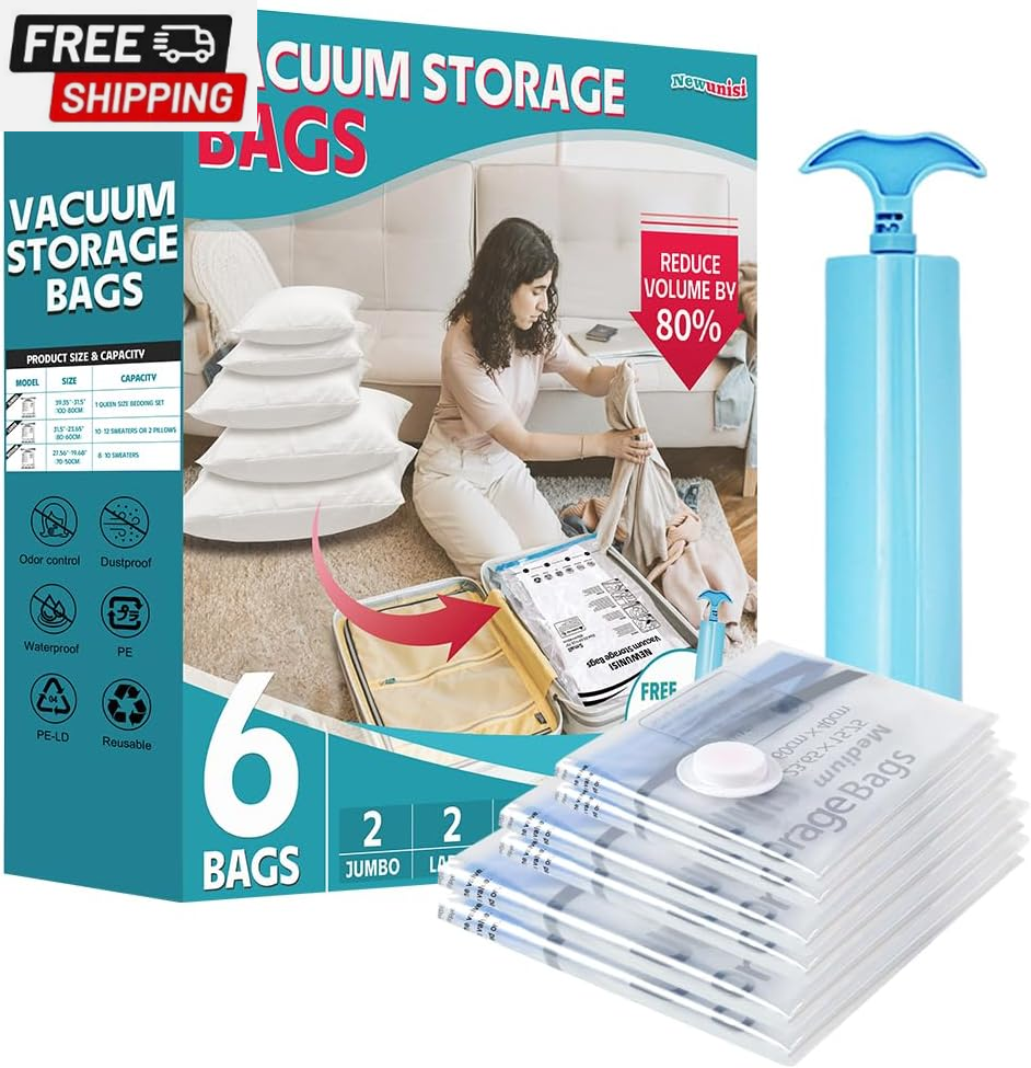 6 Pack Vacuum Storage Bags, Vacuum Seal Bags for Clothing, Comforters, Blankets,