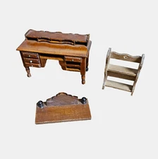 Lot of 3 Concord Dollhouse Miniature Wooden Desk Two Tier Wood Shelf VTG