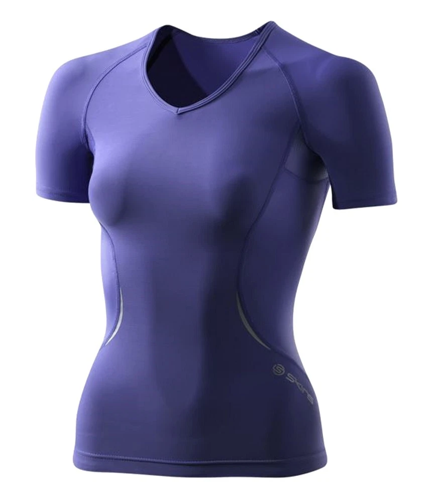 SKINS A400 WOMENS Short Sleeve V Neck Compression Top Amethyst