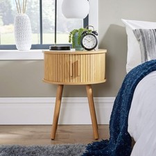 Round Oak Wood Bedside Table Compact Bedroom Furniture Unit with Hidden Storage