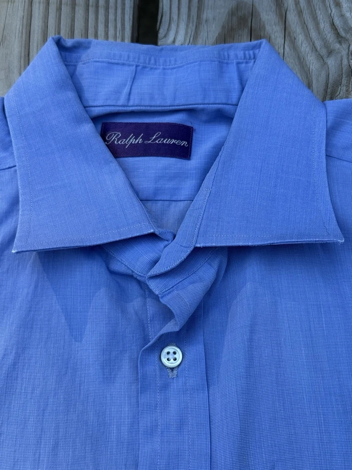 Ralph Lauren Purple Label Dress Shirt 17 Large Blue  Cotton Italy Made Spread - Image 2 of 4