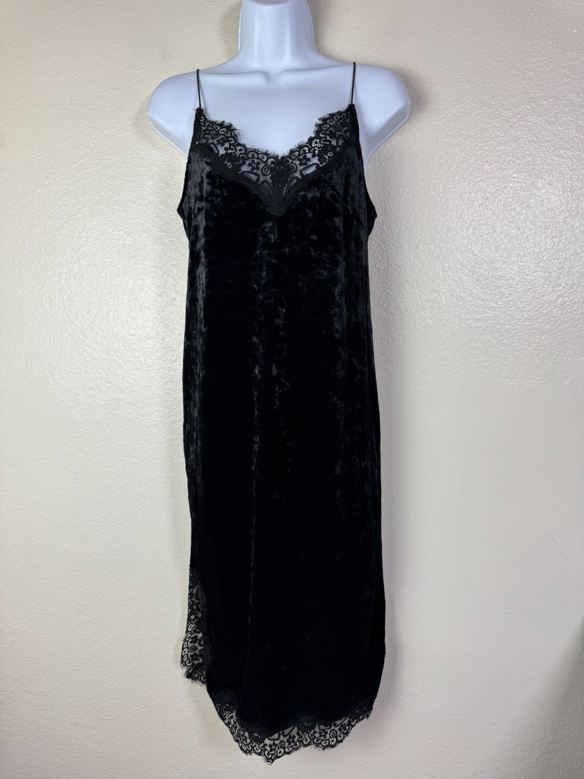 H&M Black Velvet Lace Trim Midi Slip Dress Size 4 Y2K 90s Feminine Timeless