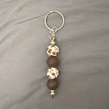 Brown  White Animal Print Beaded Key Chain Keyring w/ Silver Metal Spike Charm