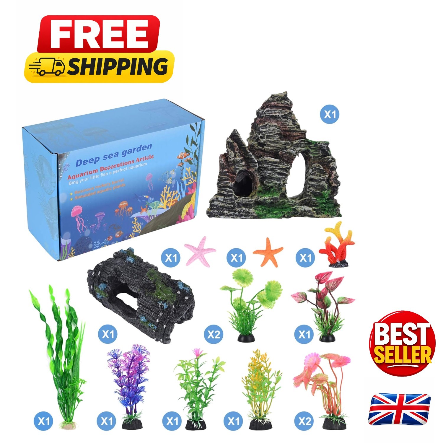 14-Pack Plastic Aquarium Plants with Decorative Resin Rockery