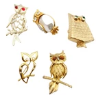 Lot of 5 Vintage Owl Brooch Pins Rhinestone Gold tone Costume Jewelry
