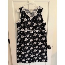 Norton McNaughton 100% Linen Floral Shift Dress Black White Size L