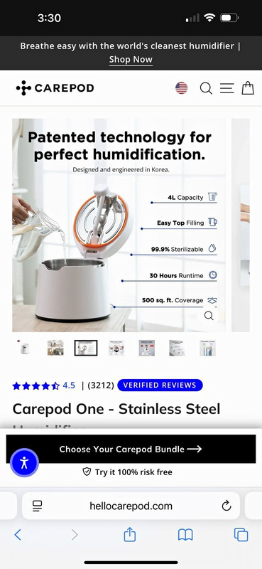 Carepod One Ultrasonic Filterless Top Fill Humidifier 500 sq ft, White Steel