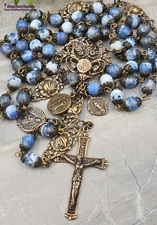 Healing Saints Lourdes, Miraculous Mary, Raphael, Jude Rosary -Bronze,Blue Agate