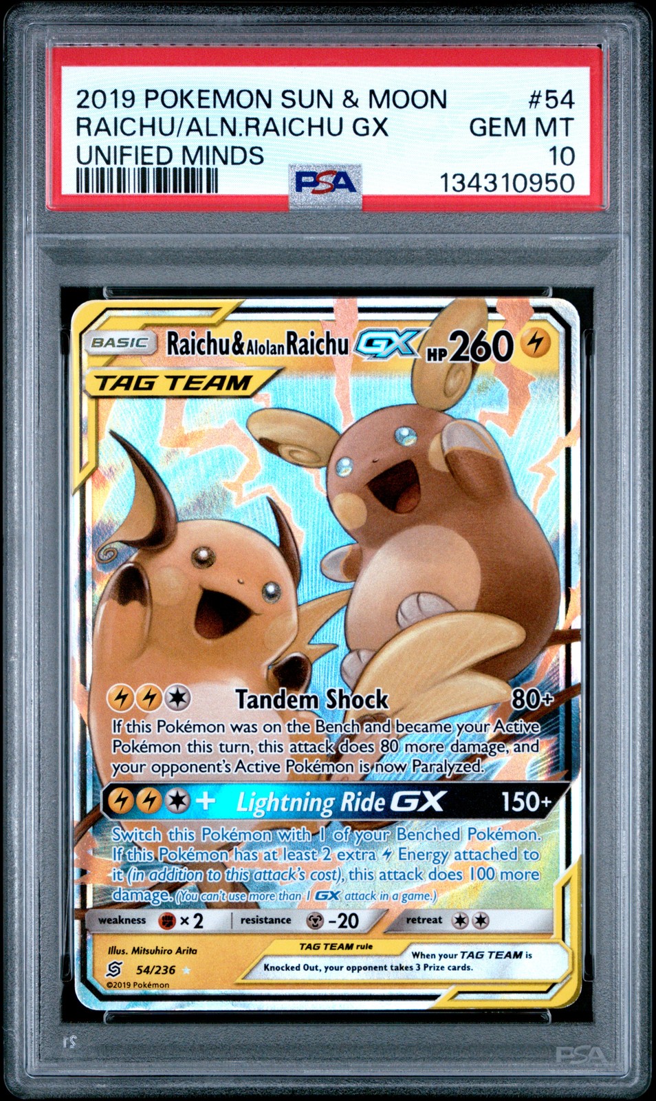 2019 POKEMON SUN & MOON UNIFIED MINDS #54 RAICHU & ALOLAN RAICHU GX PSA 10