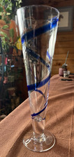 Hand Blown Studio Art Glass/ Glass Vase Clear With Cobalt Blue Swirl Pattern NEW