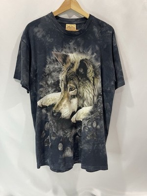 Vintage The Mountain Men's Wolf Short Sleeve Shirt Size L Black Tie Dye 