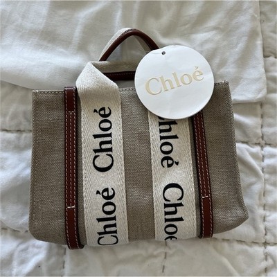 Chloé Woody Mini Tote Bag NEW Linen Canvas White Brown Logo Strap