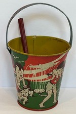 Vintage US Metal Toy Tin Litho Sand Pail w/ Shovel Children Playing In Sprinkler
