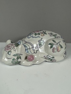 Vintage White Chinese Porcelain sleeping Cat, with floral hand painted details