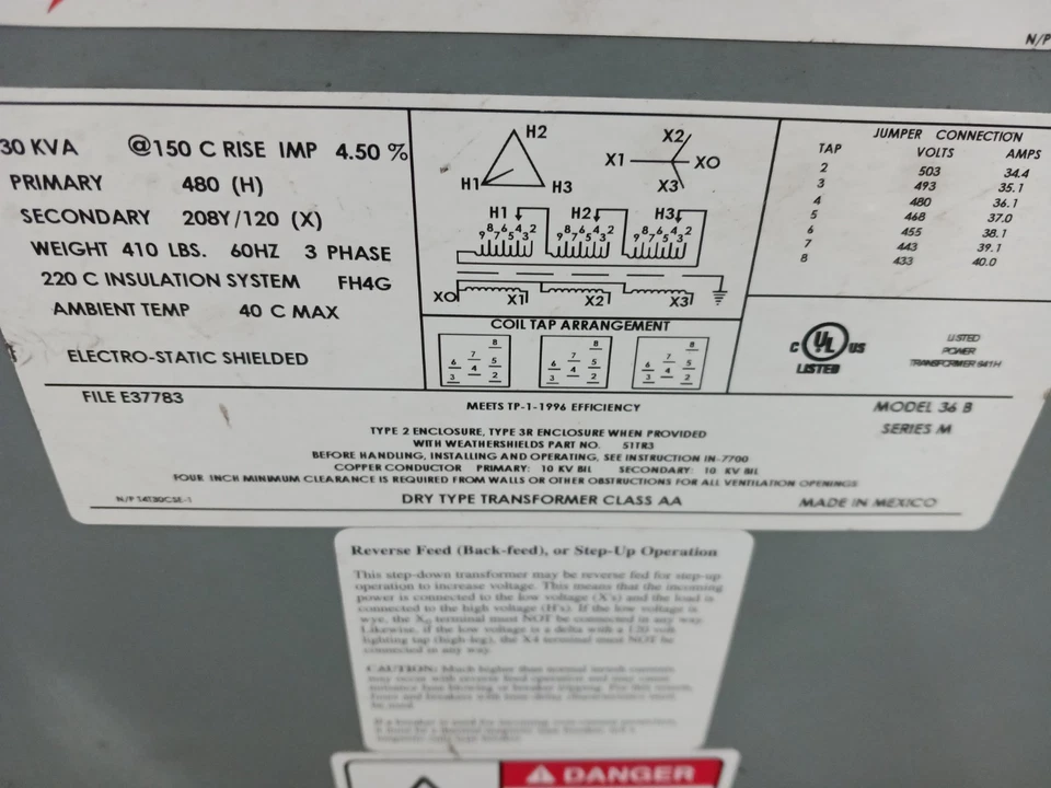 Transformador trifásico FPE 30 Kva 480 Delta HV ▲208y/120 Wye LV T4T30CSE Foto 3 de 4
