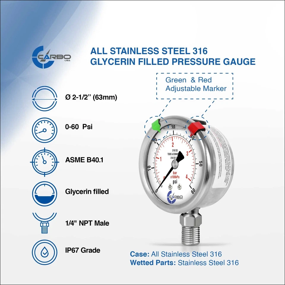 2-1/2" Pressure Gauge, ALL STAINLESS STEEL, Liquid Filled, Lower Mnt, 60 Psi - Image 2 of 4
