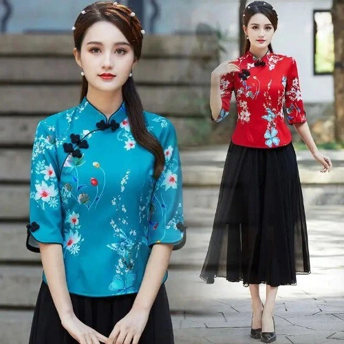 Camisa Estilo Étnico Bordada Qipao Tops Pulsera Tradicional China Hanfu Foto 2 de 4