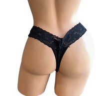 Knickers by Cinema Etoile Black Silky Lace Sheer Thong Panties L NOS