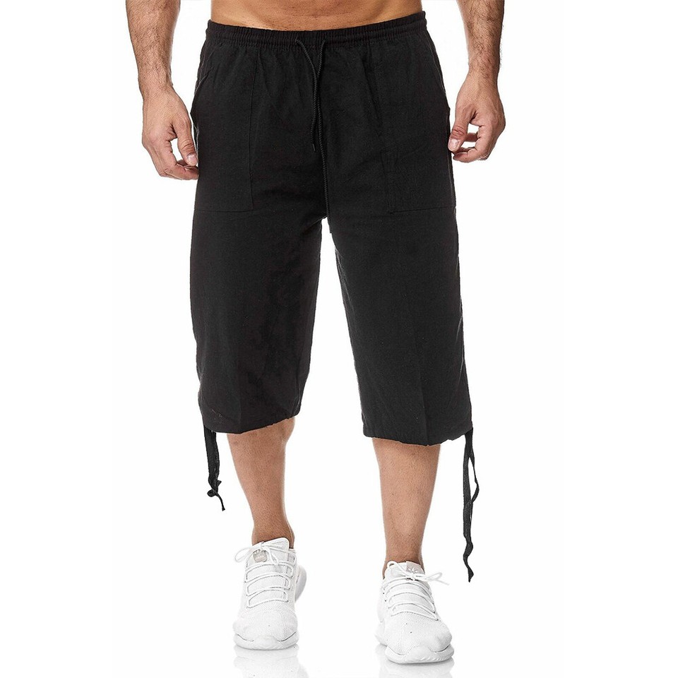 Mens Cotton Linen 3/4 Length Shorts Elasticated Waist Cargo Three