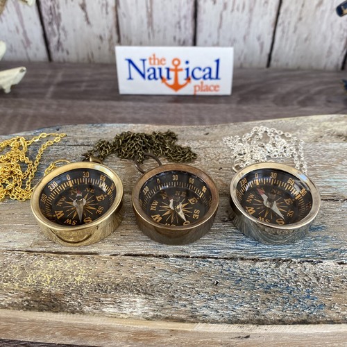 Brass Compass - Sundial, Push Button w/ Lid, Antique, Gold, Silver, Necklace - Picture 2 of 20