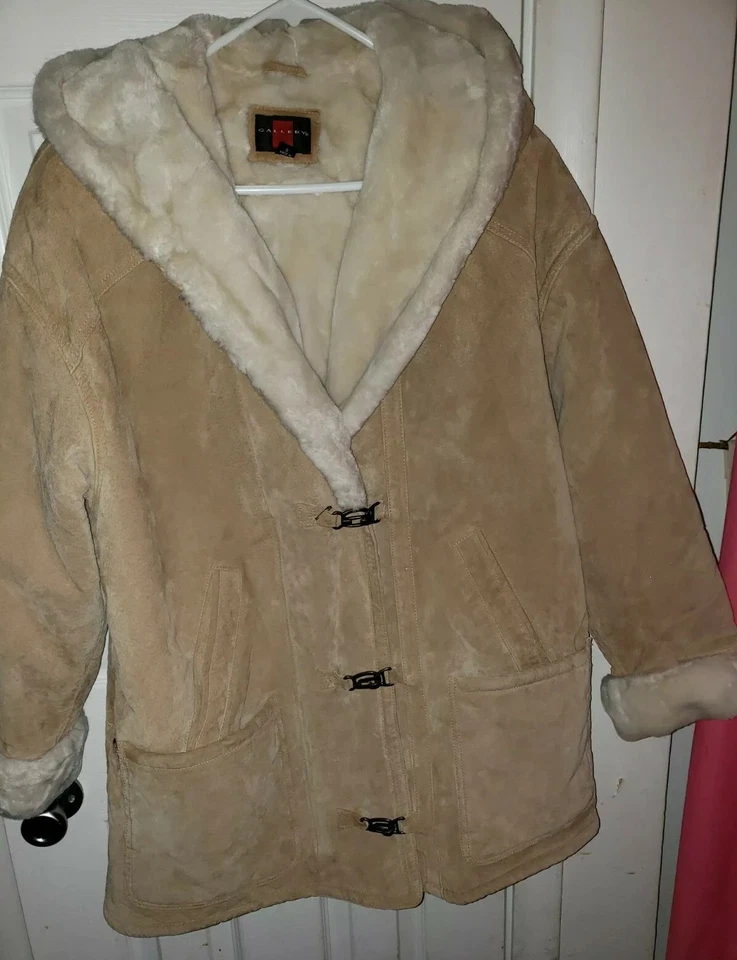 VTG Gallery Women Tan Beige Genuine Leather Suede Hooded Faux Fur Lined Parka Sm