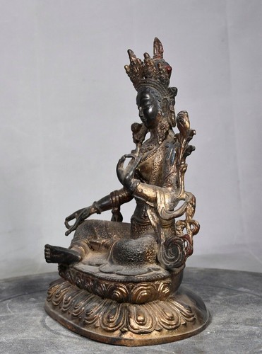 Statue Bodhisattva Tara 8" Chine ancien temple bouddhisme tibétain bronze doré vert - Photo 7/9
