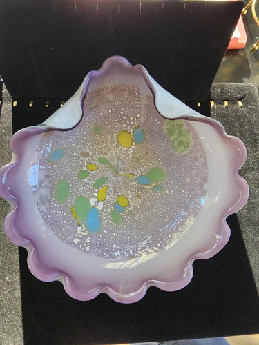 Purple Multi Colored Silver Leaf Scalloped Cased Art Glass Bowl/Dish See Discrip - Picture 1 of 6