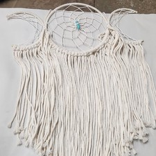 Handmade White Dreamcatcher Macrame Wall Hanging with Fringe and Blue Bead