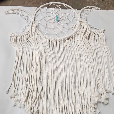 Handmade White Dreamcatcher Macrame Wall Hanging with Fringe and Blue Bead