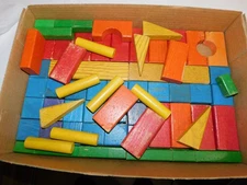 66  Vintage Colored Wood Painted Kids Blocks Column Peg Square Stacking 1970S