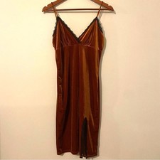 Forever 21 Medium Brown Velvet Chemise Slip Dress Lace Y2K 90s