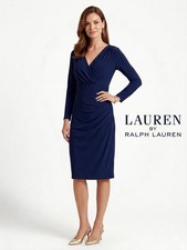 Lauren Ralph Lauren Dress Womens 8 Surplice Neck Faux Wrap Ruched Side MIDI
