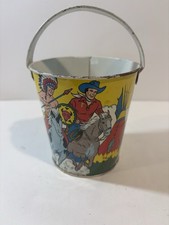 Vintage Ohio Art Tin Litho Western Sand Pail Graphics Of Cowboys  Indians 4  