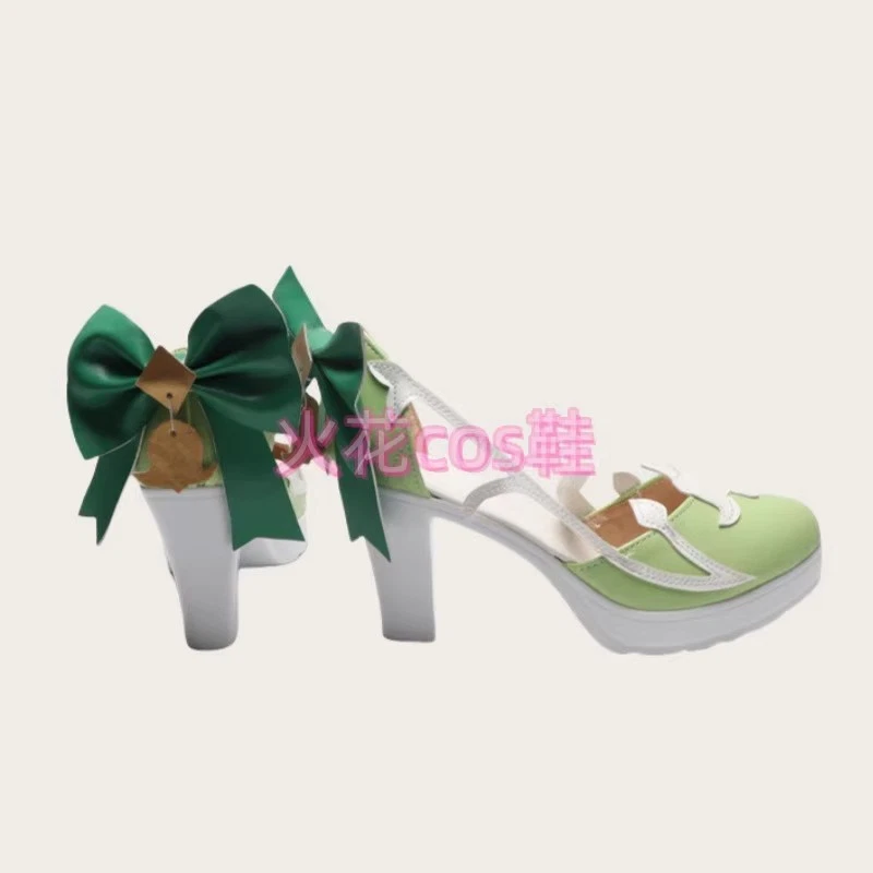 Genshin Impact Cosplay Emilie High Heels w/Green Bow Tie Halloween Prop Shoes - Image 2 of 4